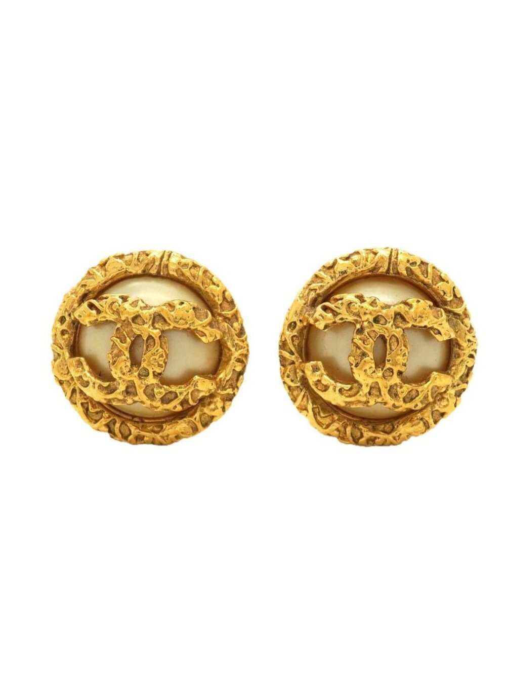 Chanel Earrings Vintage CC Logo Round Circle Lava Motif Gold Plated Faux Pearl
